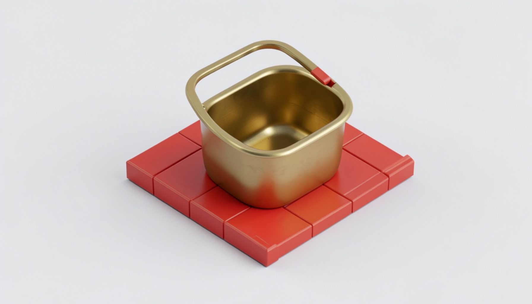 Isometric 3D render of a small eco dog grooming station with a brass tub, folded towels, and a terracotta bowl on a red-tiled platform, calm and tidy atmosphere, no people, no text.