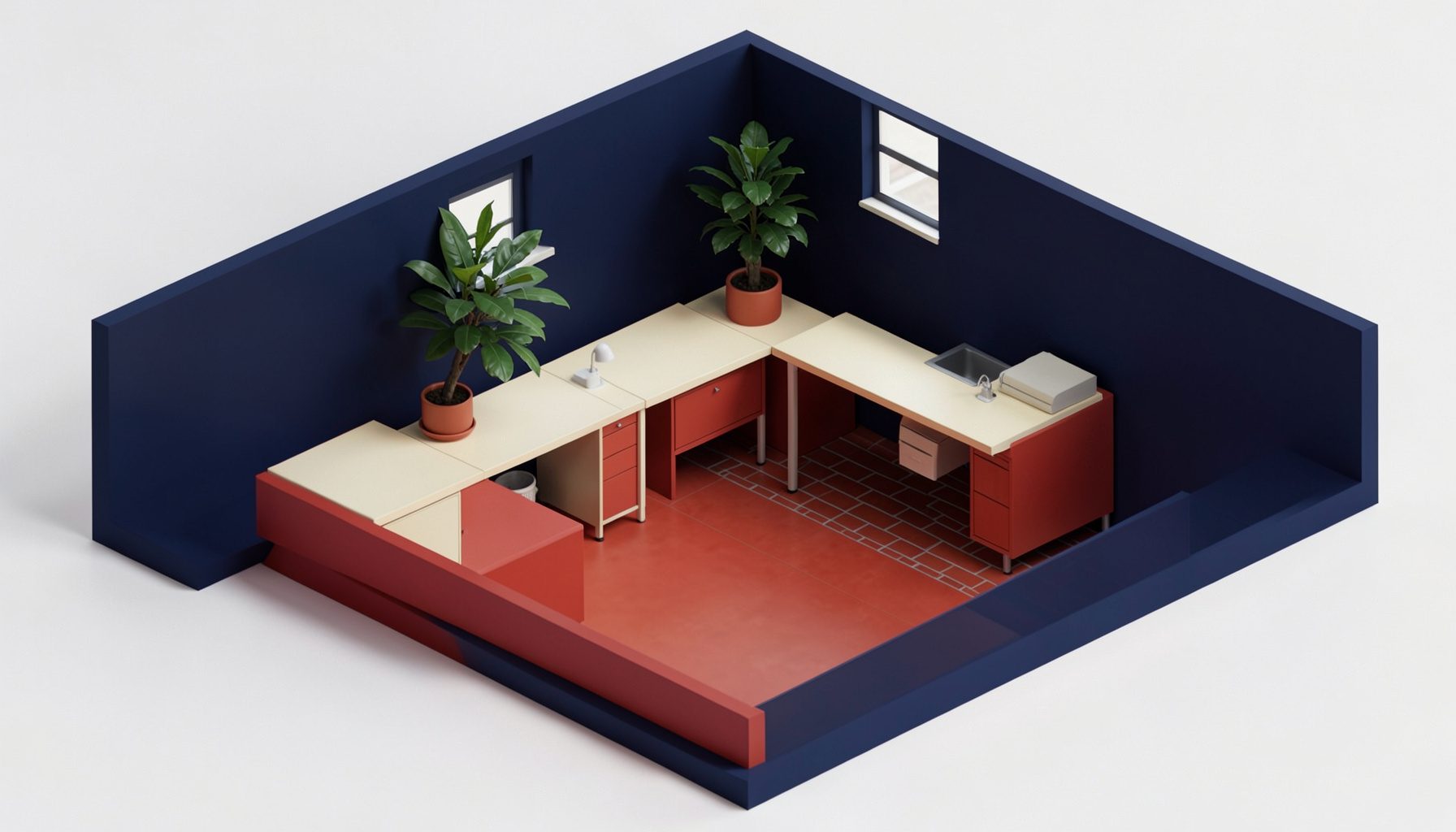 Isometric 3D render of a friendly eco-themed dog care workspace in deep navy and brick red, with a deep green accent plant and warm cream desk tones, clean modern atmosphere, soft daylight, no people, no text.