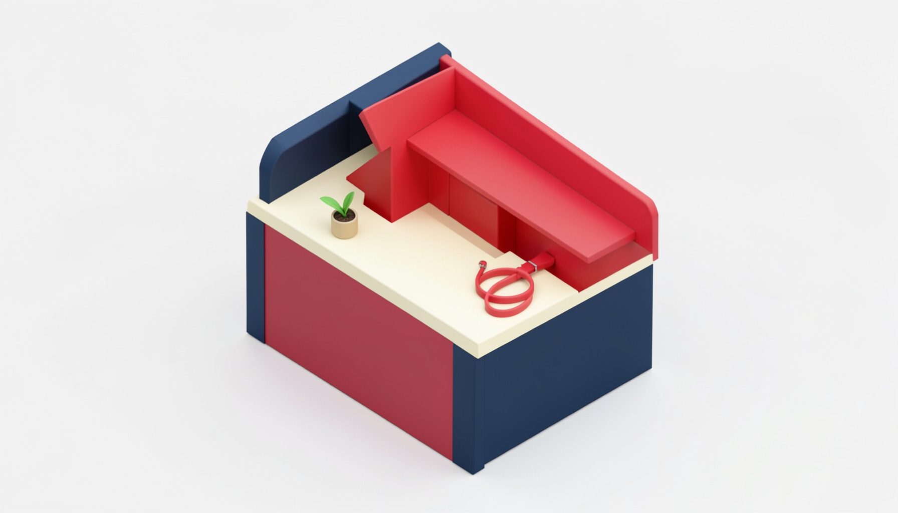 Isometric 3D illustration of a small dog boutique counter in navy and cream, with a tiny green plant and a soft red leash on display, bright and welcoming atmosphere, no people, no text.