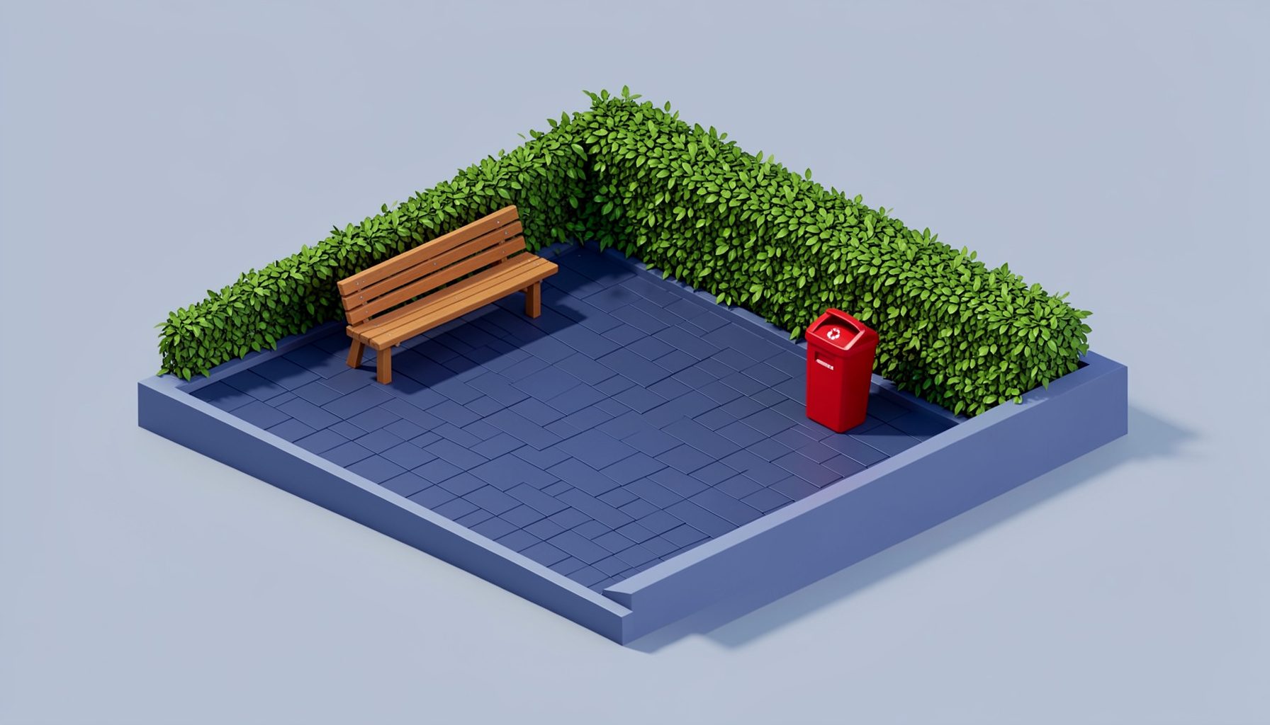 Isometric 3D render of an eco-friendly dog park scene with a small wooden bench, a recycling bin, and a green hedge on navy paving, sunny atmosphere, no people, no text.